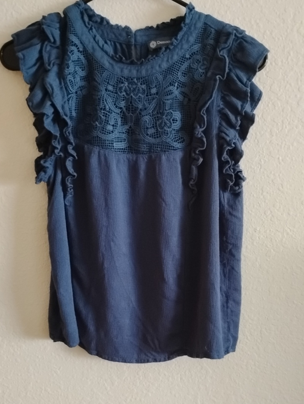 Democracy Navy Blue Lace Yoke Ruffle Sleeve Camisole
